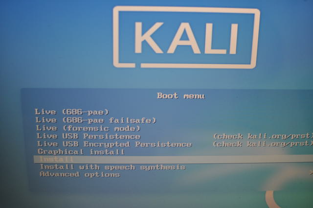 Kali LinuxのライブDVDのメニュー画面