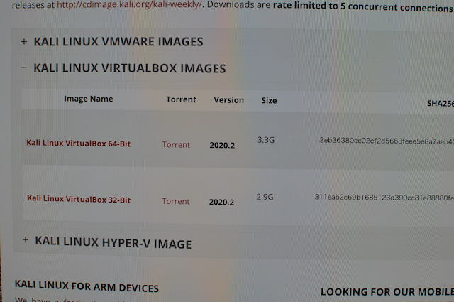 Kali-Linuxのヴァーチャルボックス用ファイルのダウンロードページ