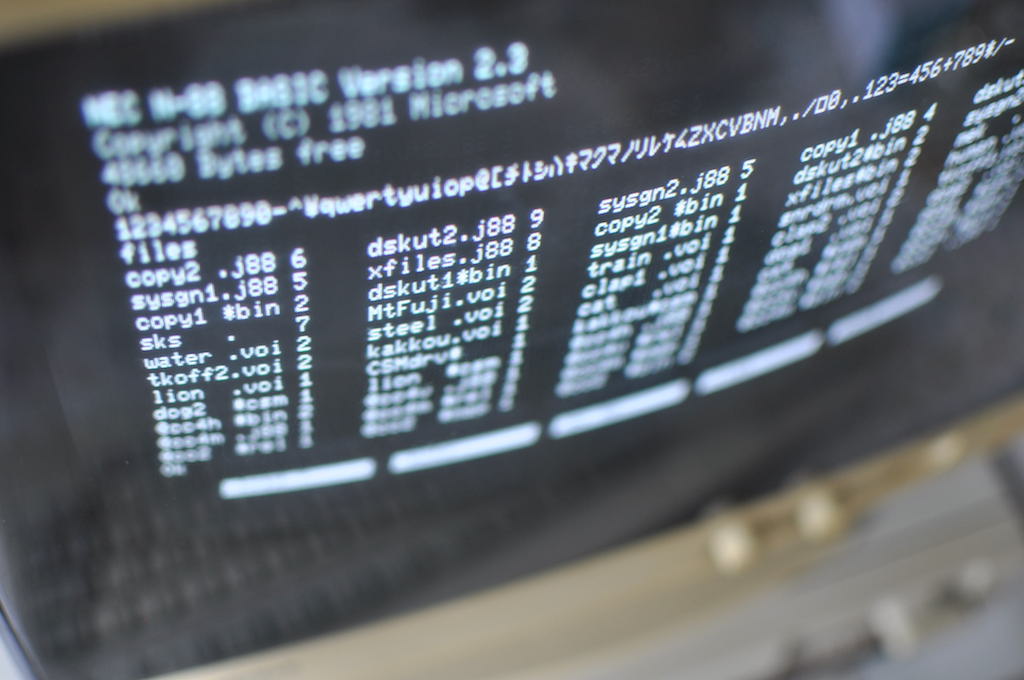 PC-98DOの88モードでBASICを立ち上げ、システムディスクの中身を表示しています