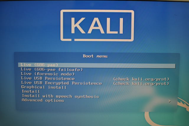 Kali Linux-32Bit版のライブ起動メニュー画面
